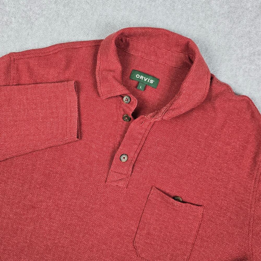 Orvis Large Rust Red color Long Sleeve Polo Shirt